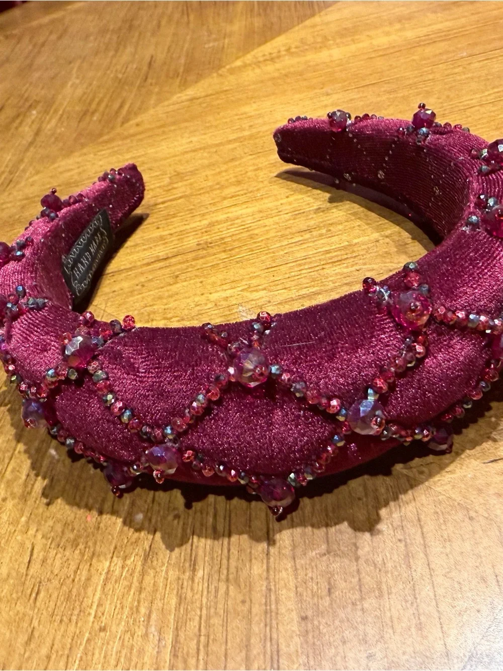 Embellished Burgundy Padded Headband with Bead Accents
